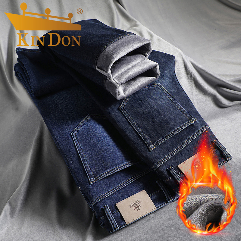 金盾加绒加厚牛仔裤男修身小直筒秋冬季新品青年弹力小脚休闲长裤