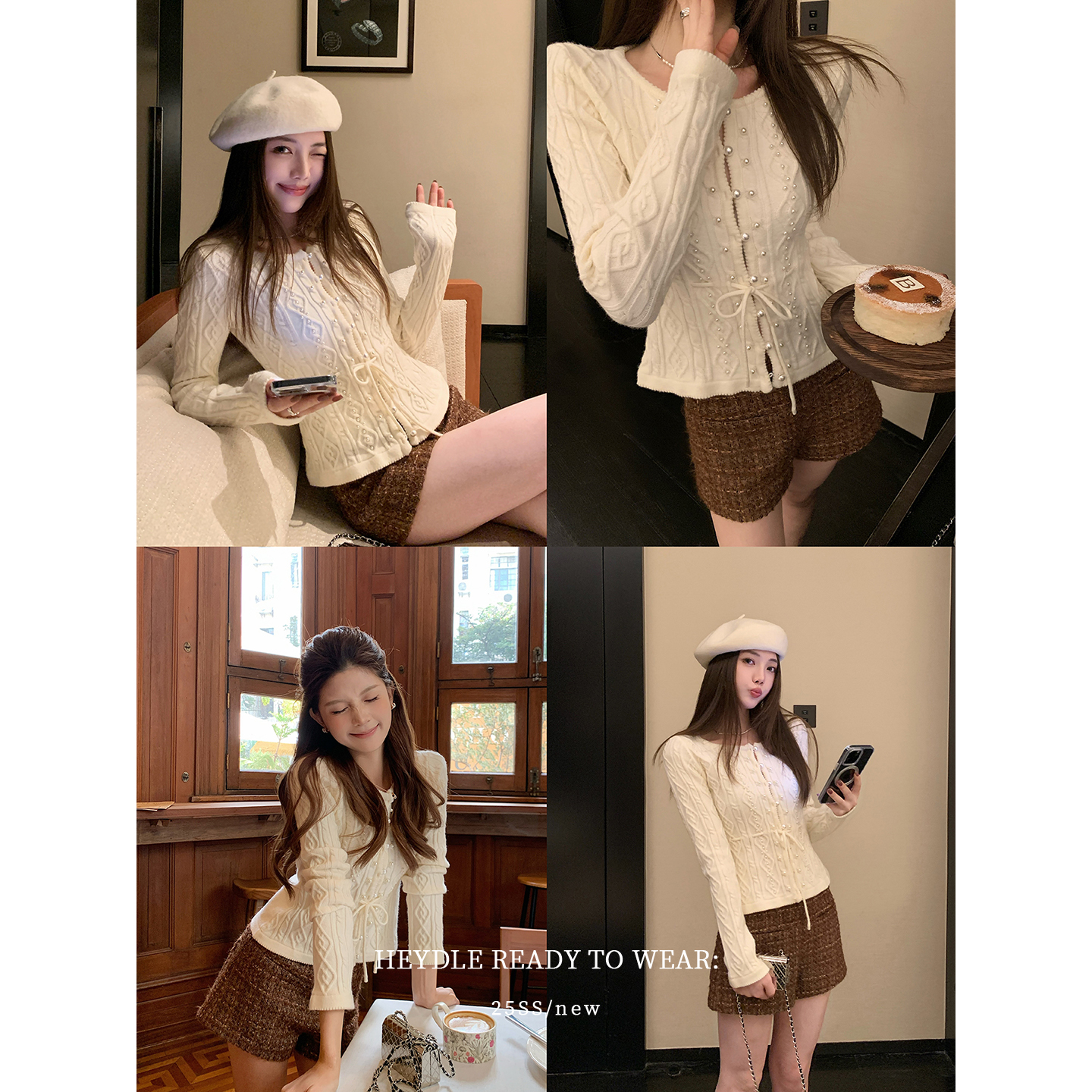 黑豆哼哼 鲛人泪珠*重工珍珠绞花针织开衫短款设计感圆领收腰毛衣