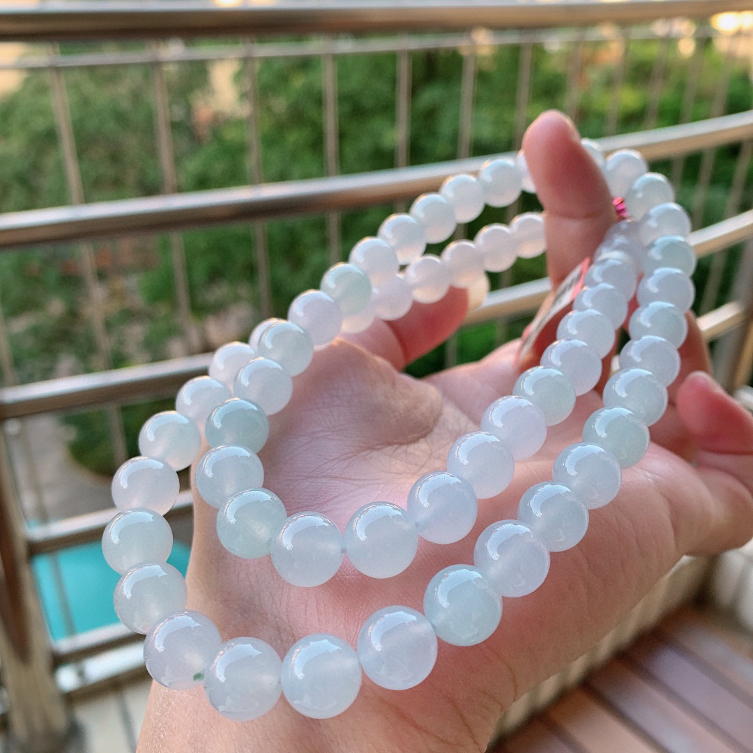 缅甸a货翡翠 白冰项链 卡10mm 102.51g 6