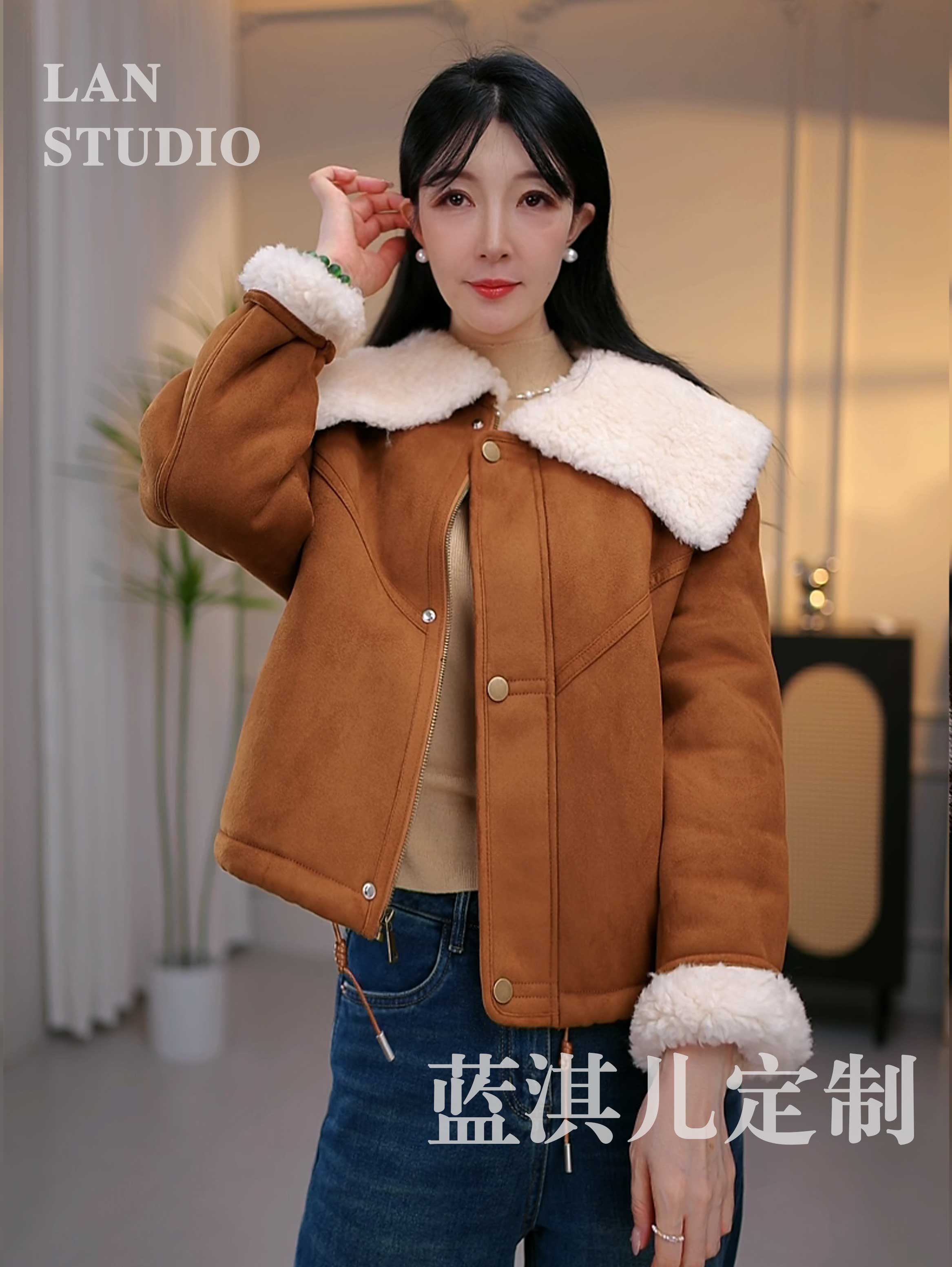 LQR 橘色小香风轻奢气质女士宽松皮毛一体韩版时尚外套