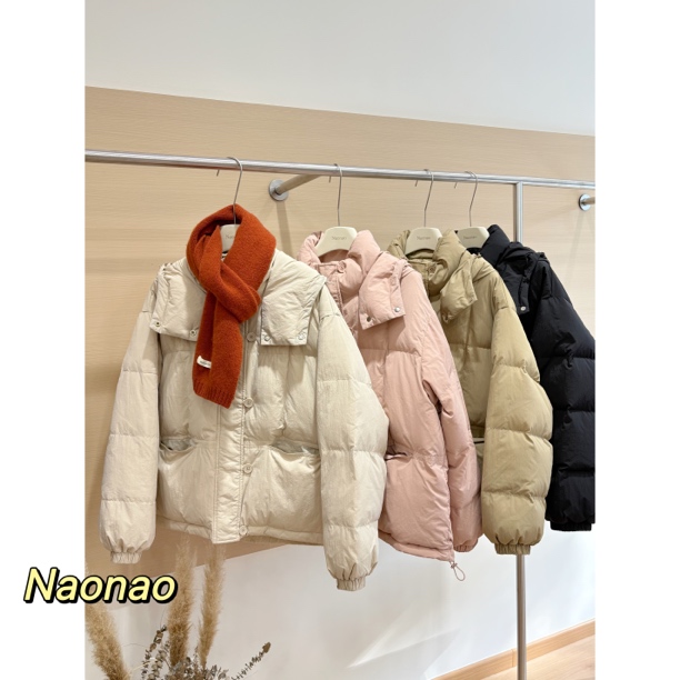 Naonao～清清清  冬季韩系扣子款连帽羽绒服白鸭绒外套