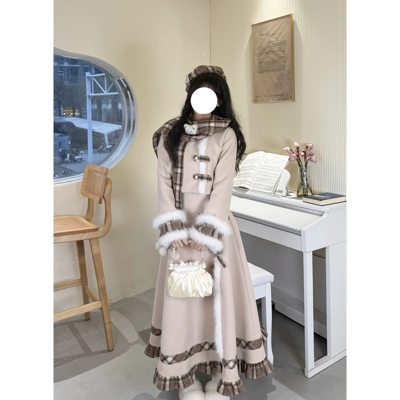 【运补6~8】焦糖小熊秋冬氛围感甜美格子拼接毛呢套装