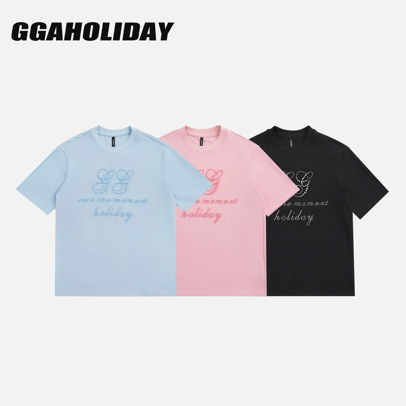 GGAHOLIDAY时尚宽松休闲百搭复古潮流百搭珍珠情侣短袖T恤-153033