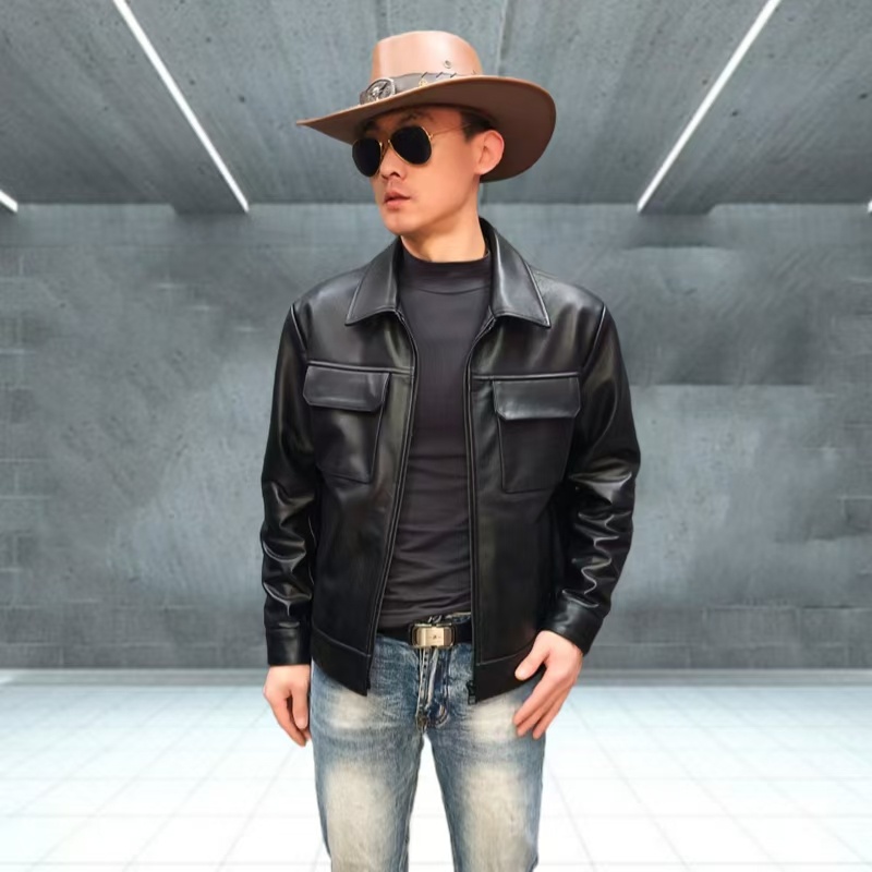 雷总同款男士头层牛皮外套  翻领休闲皮夹克真皮皮衣修身潮流百搭