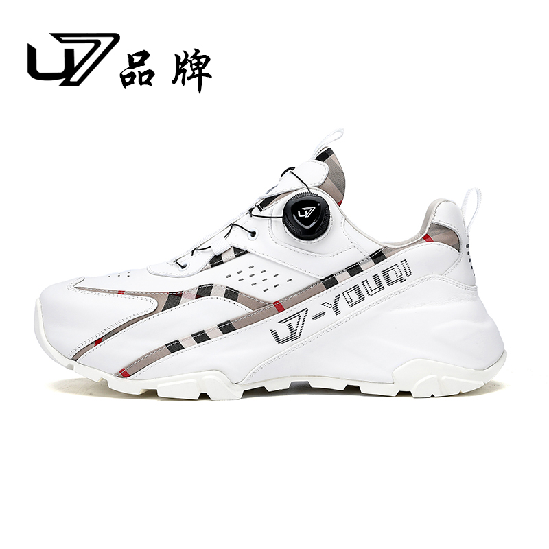 U7品牌男鞋 头层牛皮+条纹布 高级感时尚旋钮扣百搭休闲运动鞋