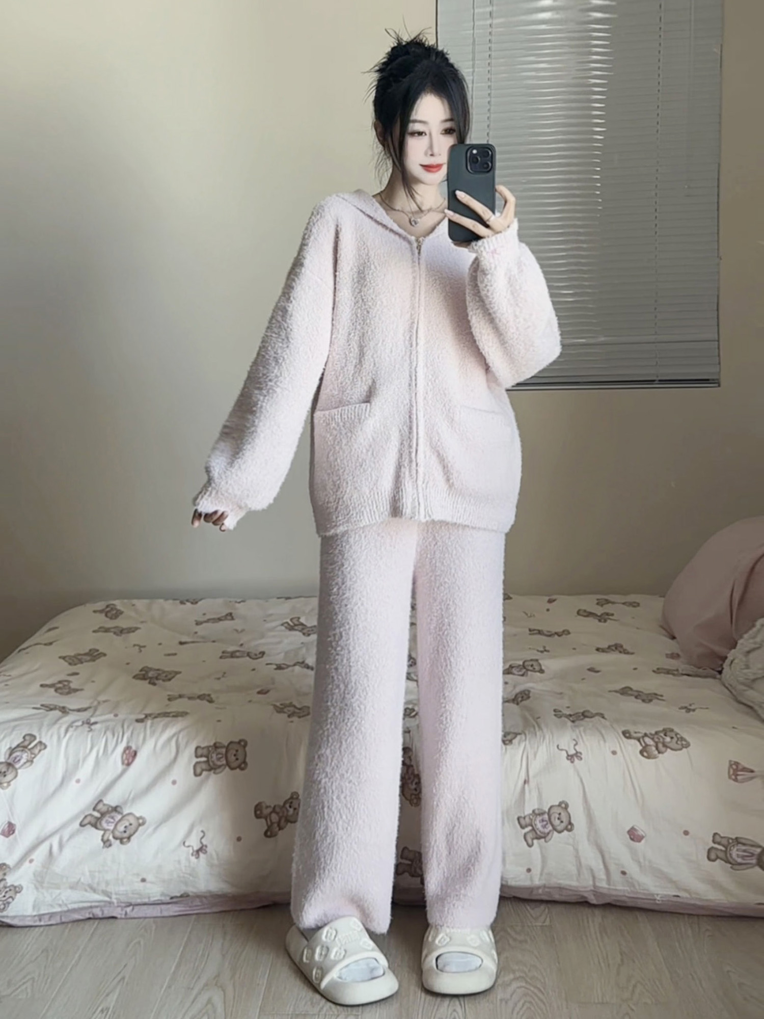 【甜美兔耳朵】连帽针织睡衣女冬款2024年新款加绒加厚家居服套装