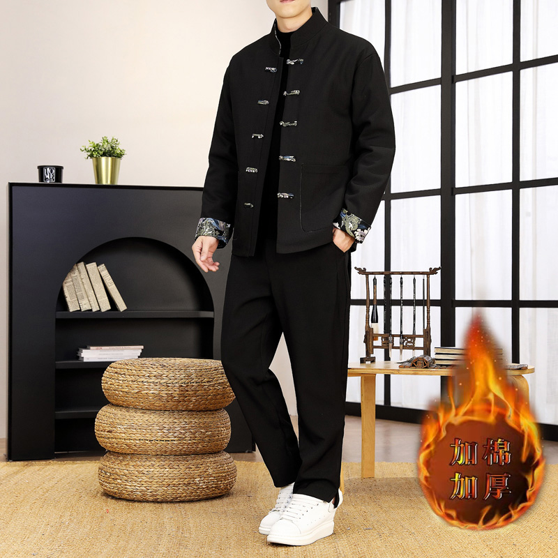 冬季中国风夹克套装男加棉加厚保暖棉衣外套国潮复古刺绣休闲唐装