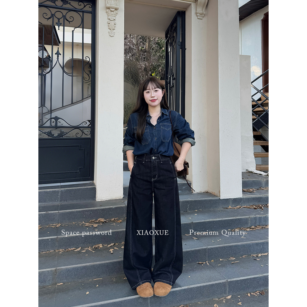 XIAOXUE/小个子直筒阔腿2025年秋季新款高级感原牛黑休闲牛仔裤女
