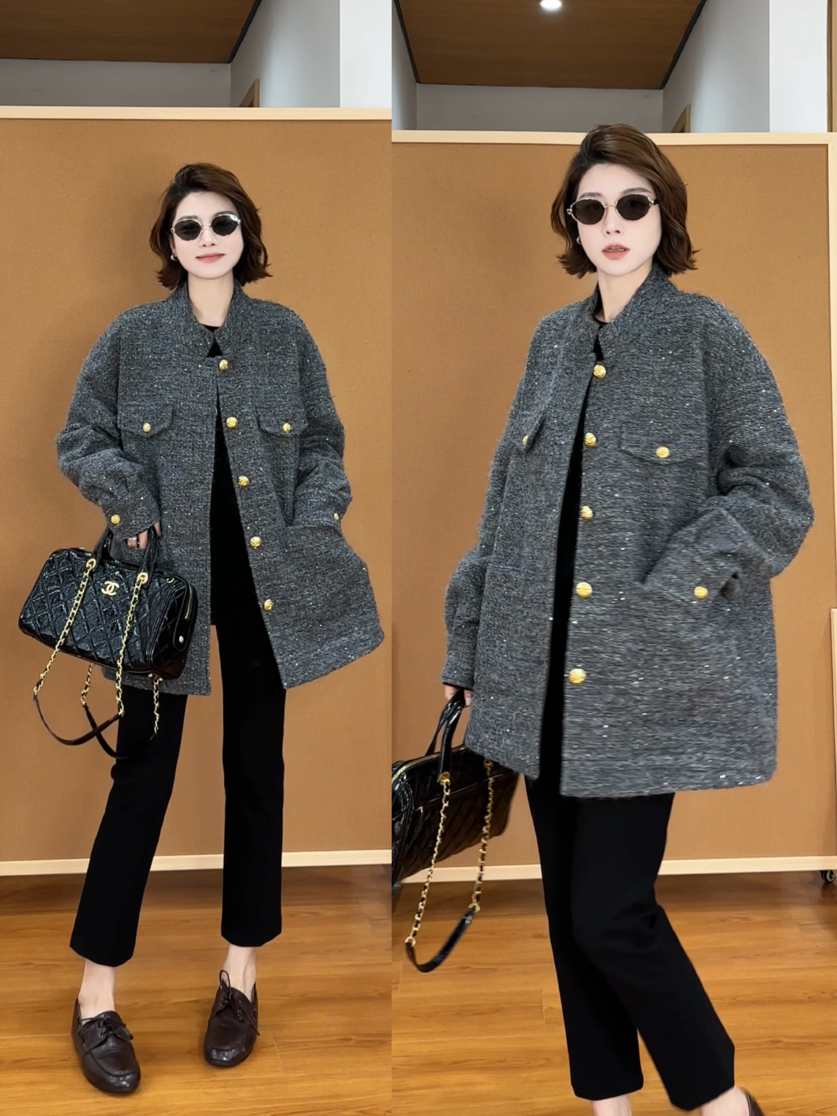 月月 2025秋冬霜雪披银烫金小香风宽松休闲短外套 2509C5927