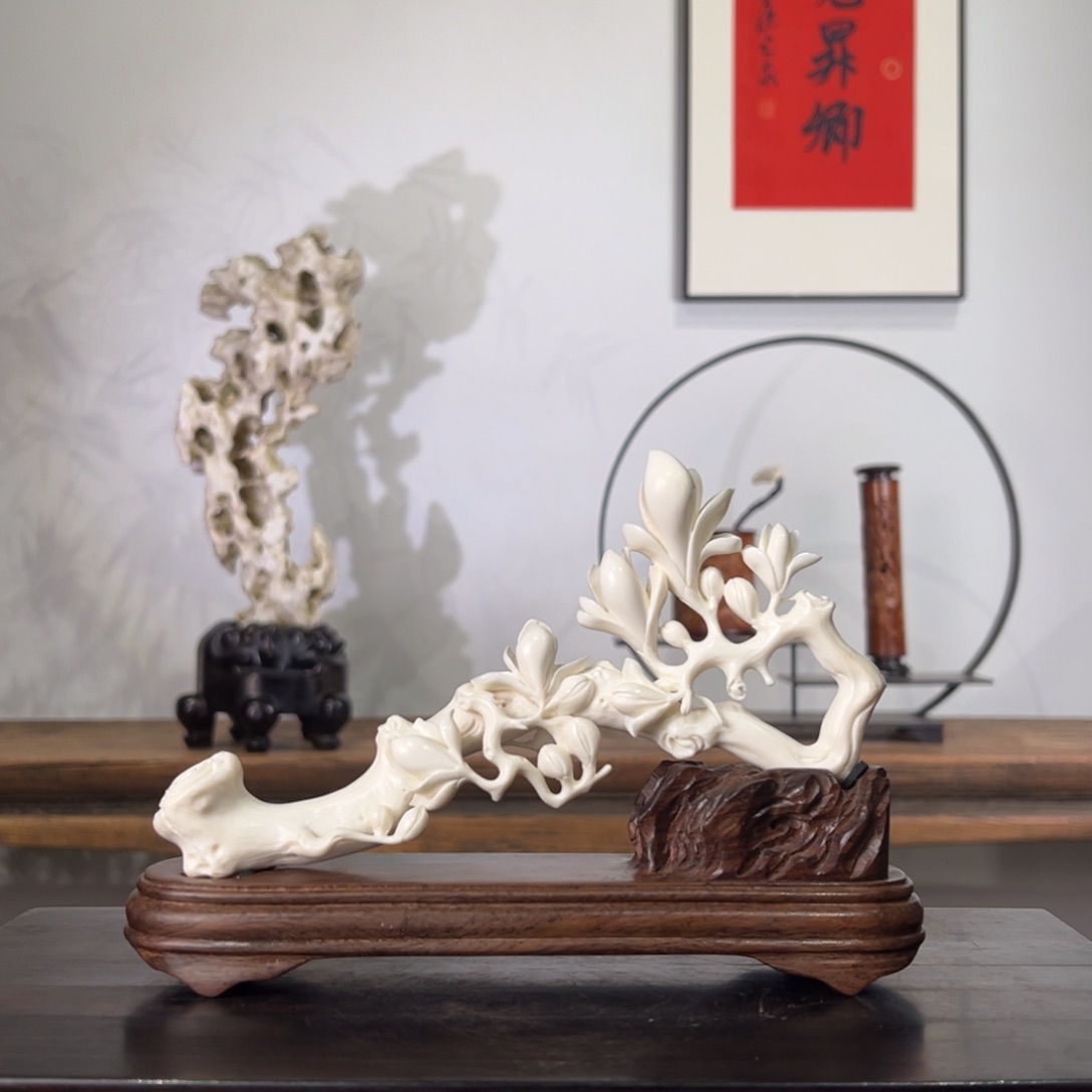 木玉兰花摆件底座一组