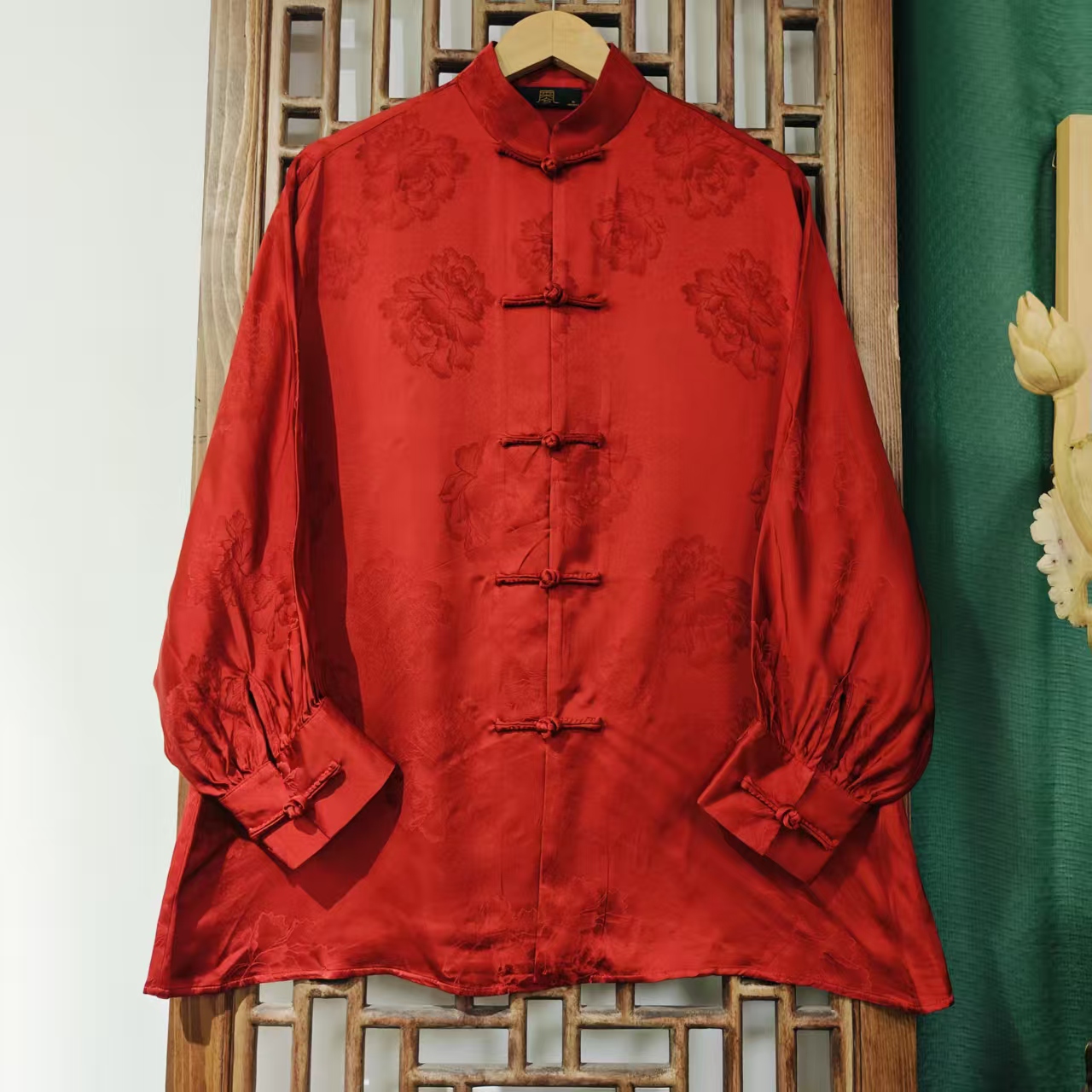 （LS658-7）凤徕兮私人定制红色牡丹花暗纹衬衫袖对襟盘扣外套