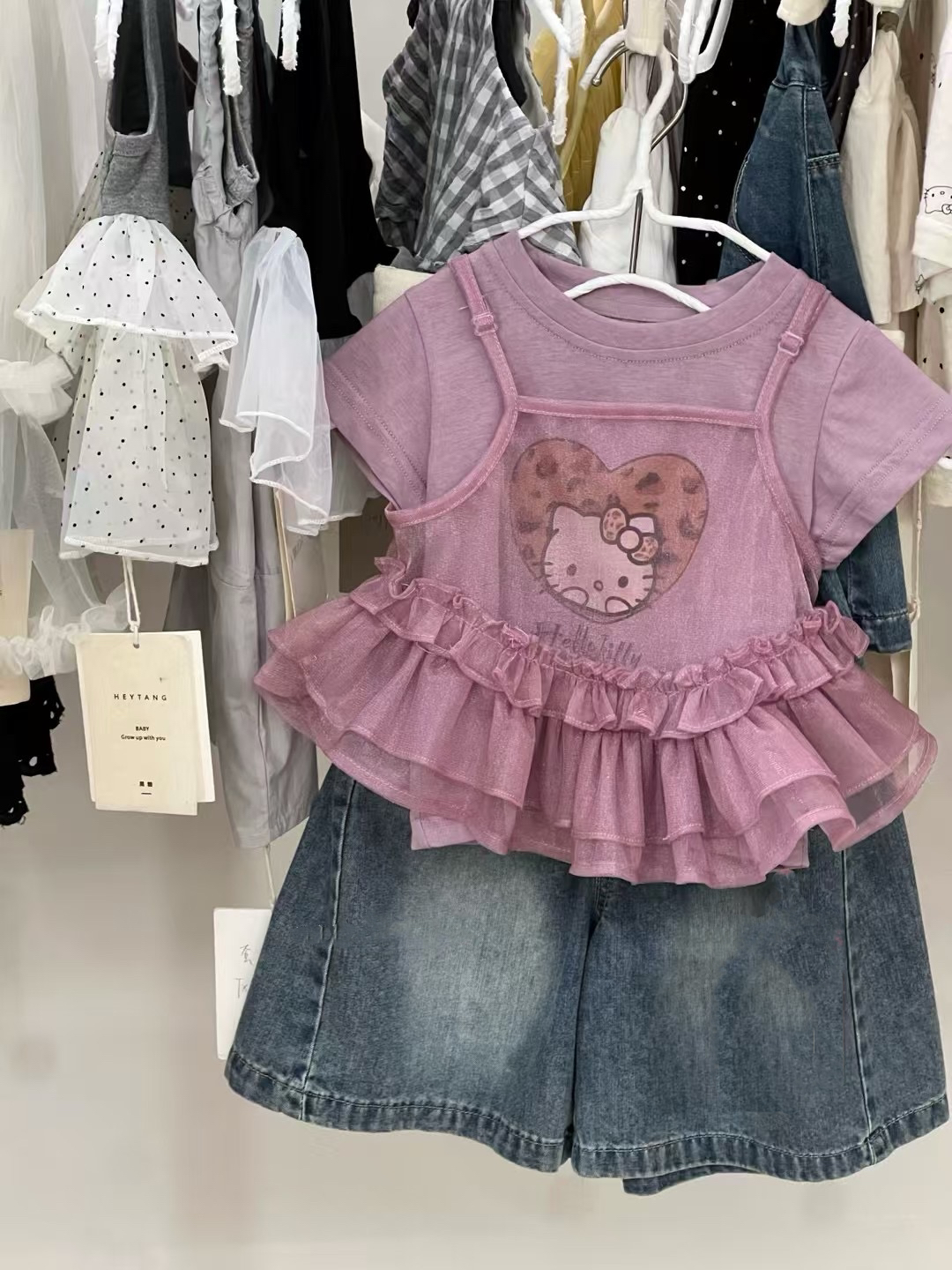 反豆kids新款实体童装女童上衣两件套装短袖韩版百搭7753