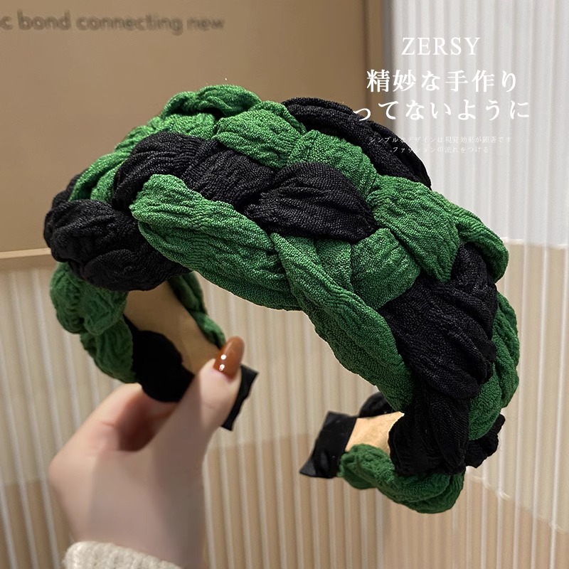 原创手工设计日韩女发箍气质高颅顶头箍法式复古绿色编织发卡发饰