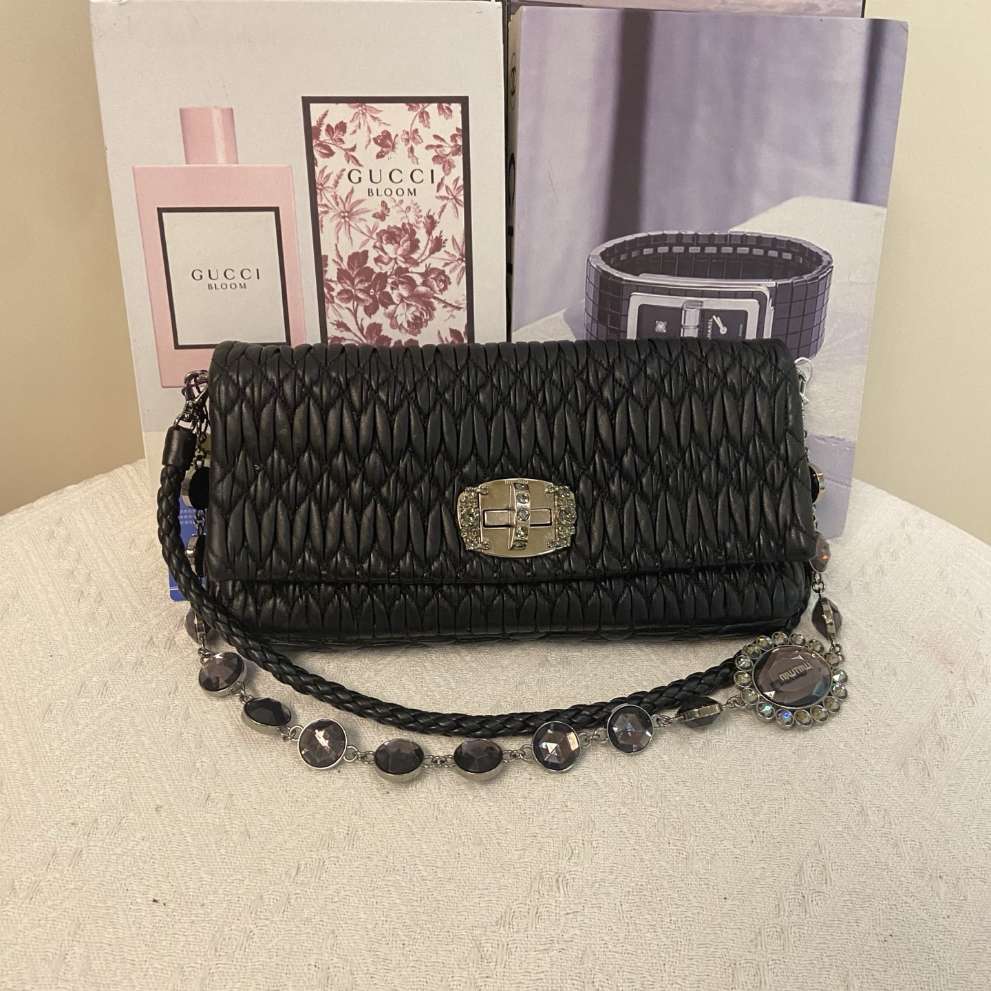 95新 MIU MIU/缪缪 黑色钻石链条包