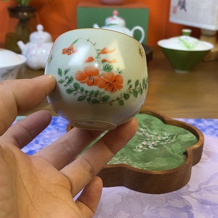 我***豆汝窑开片主人杯小红花