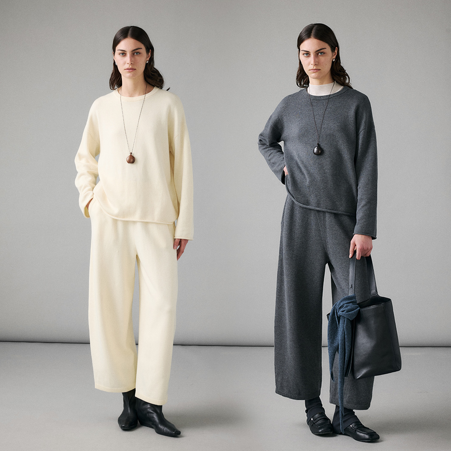 MARIUS“散步套”丝光美利奴绵羊毛落肩套头衫/微弯刀九分裤套装