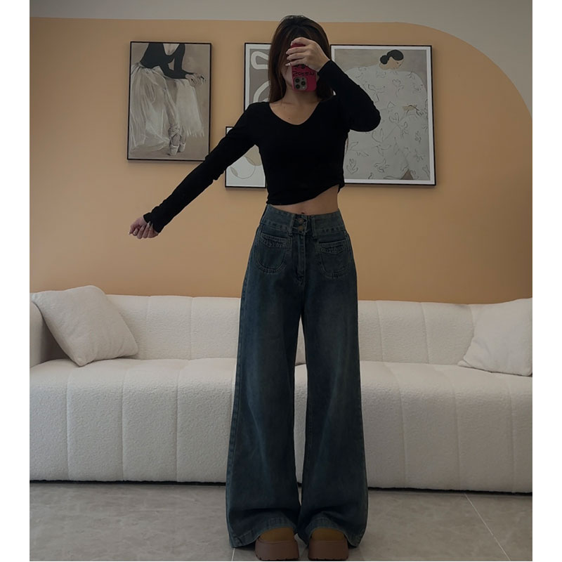 2025早春新款复古深蓝阔腿牛仔裤女宽松百搭高腰显高显瘦拖地裤