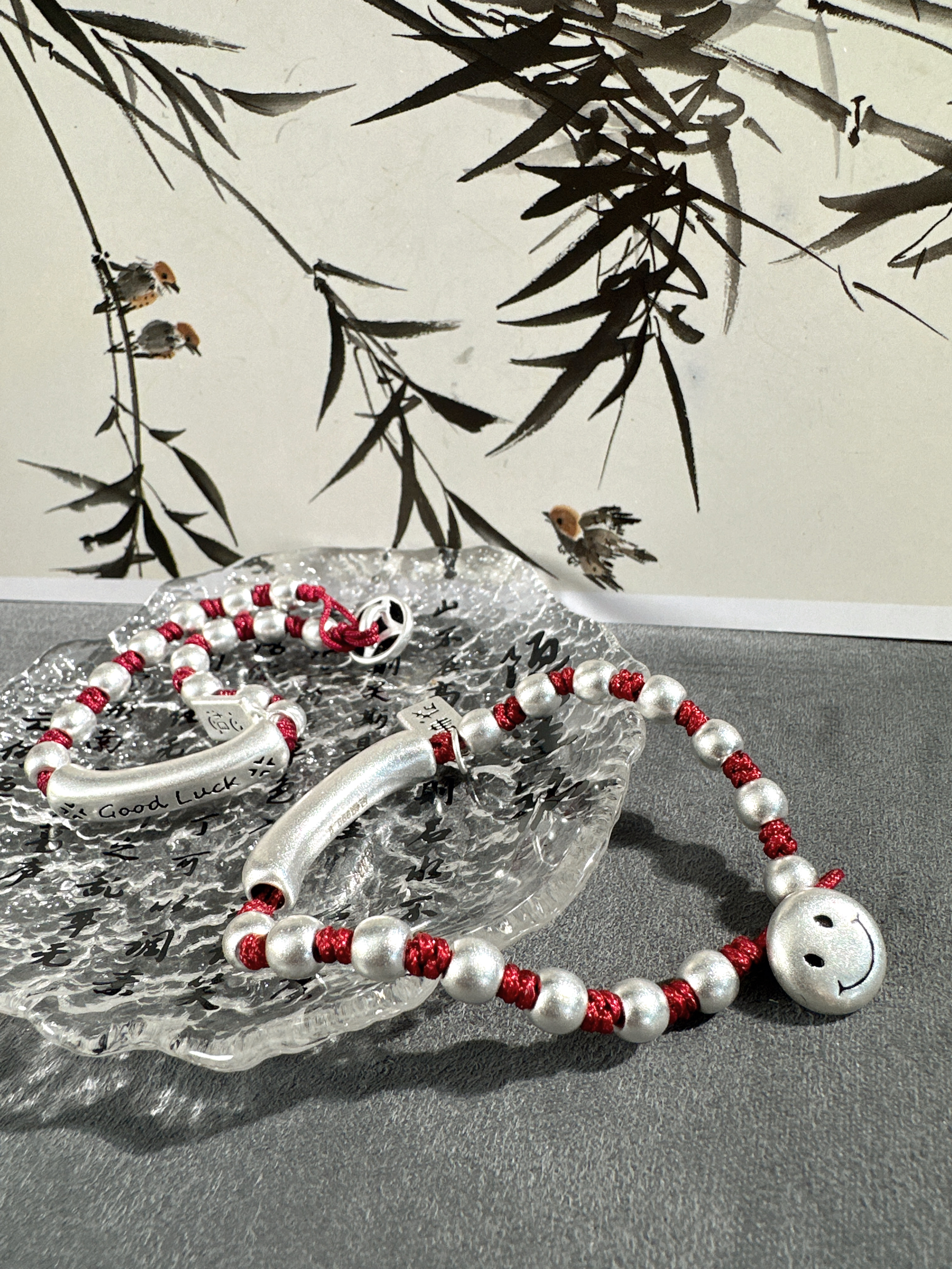 足银手链 天天开心good luck笑脸笑口常开幸运红绳编织手链