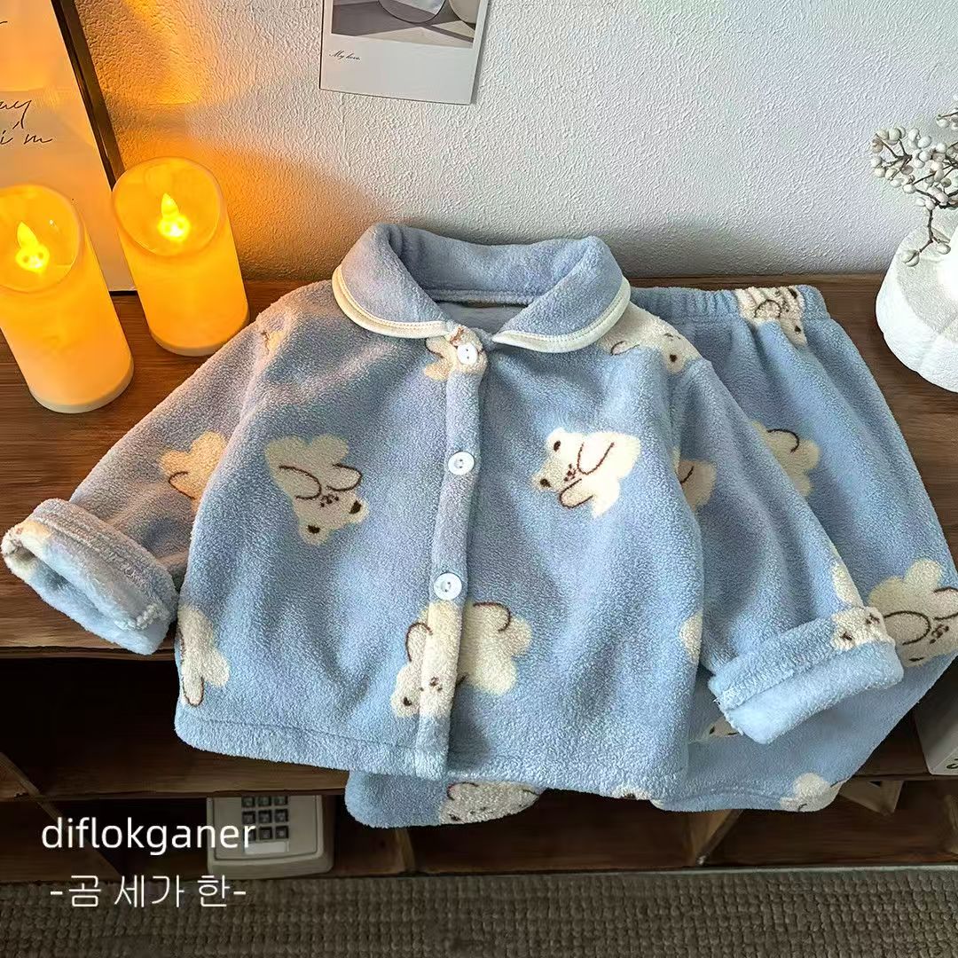 秋冬季儿童双面绒翻领家居服套装校服内搭软糯亲肤舒适保暖两件套