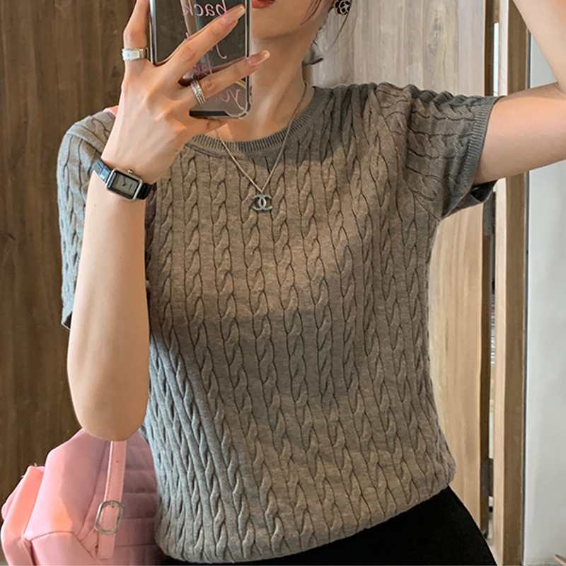 【南油子宸】复古麻花圆领针织衫夏季短袖t恤女百搭天丝上衣 800341