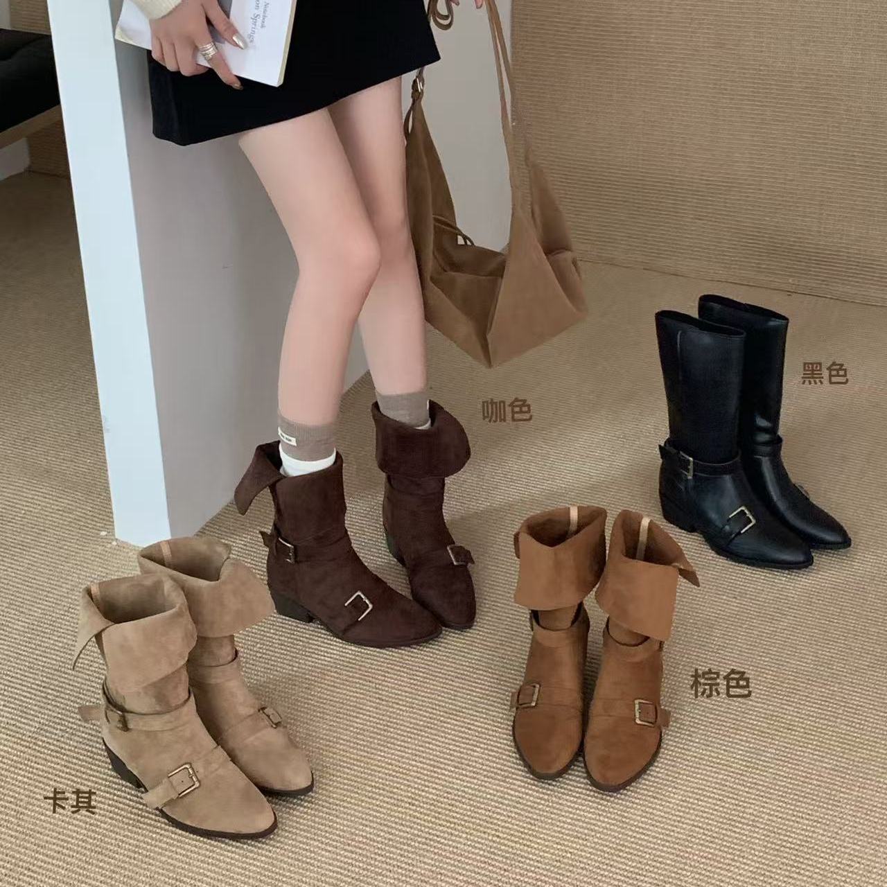 内增高中高筒靴西部堆堆靴秋冬复古绒面卡其色短靴翻面两穿女靴