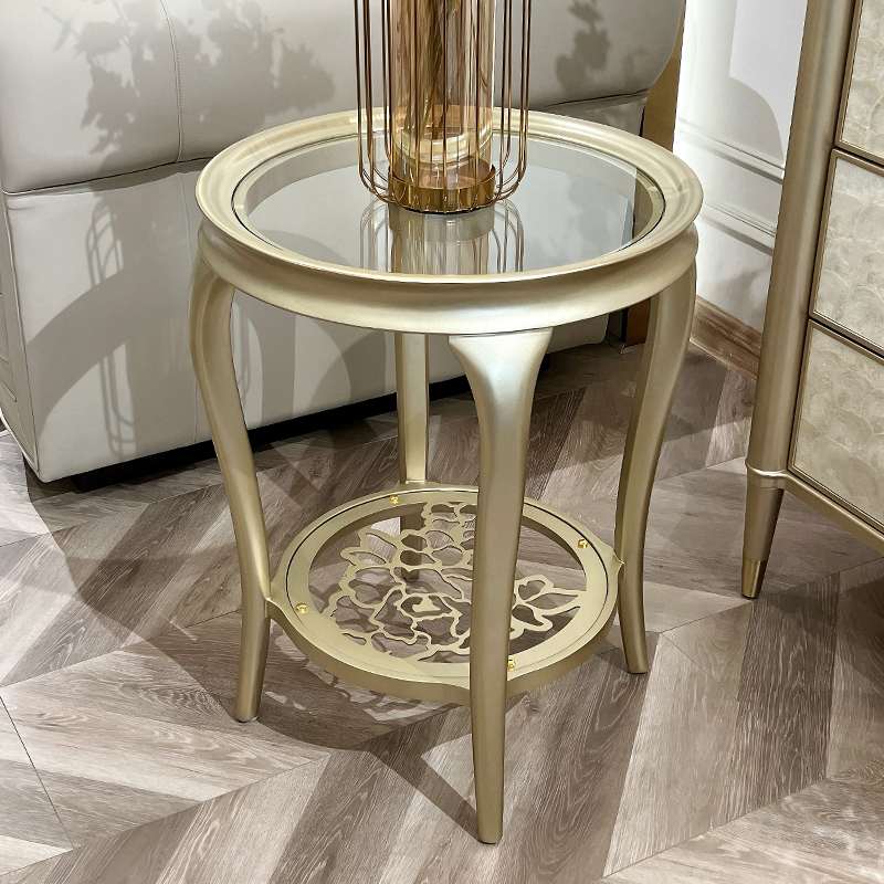 美式实木小边几客厅轻奢现代圆形不锈钢镂空玻璃面钢化边几角几