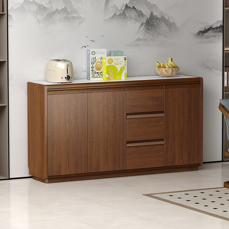 新中式实木靠墙一体餐边柜胡桃色家用厨房客厅储物柜新款茶水柜子