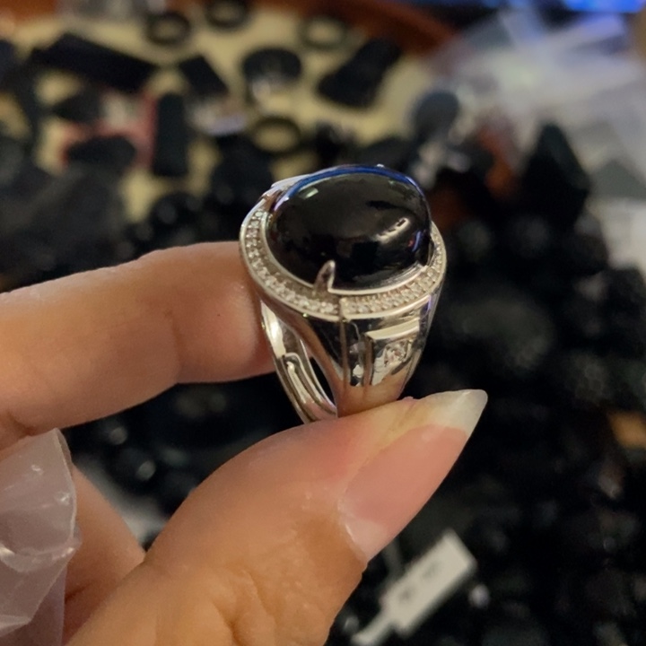 翡翠银S925镶嵌戒指精品墨翠