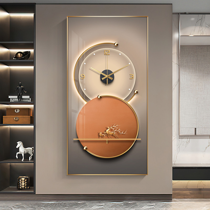 轻奢大气玄关装饰画现代入户高档带时钟挂画走廊过道竖版钟表壁画