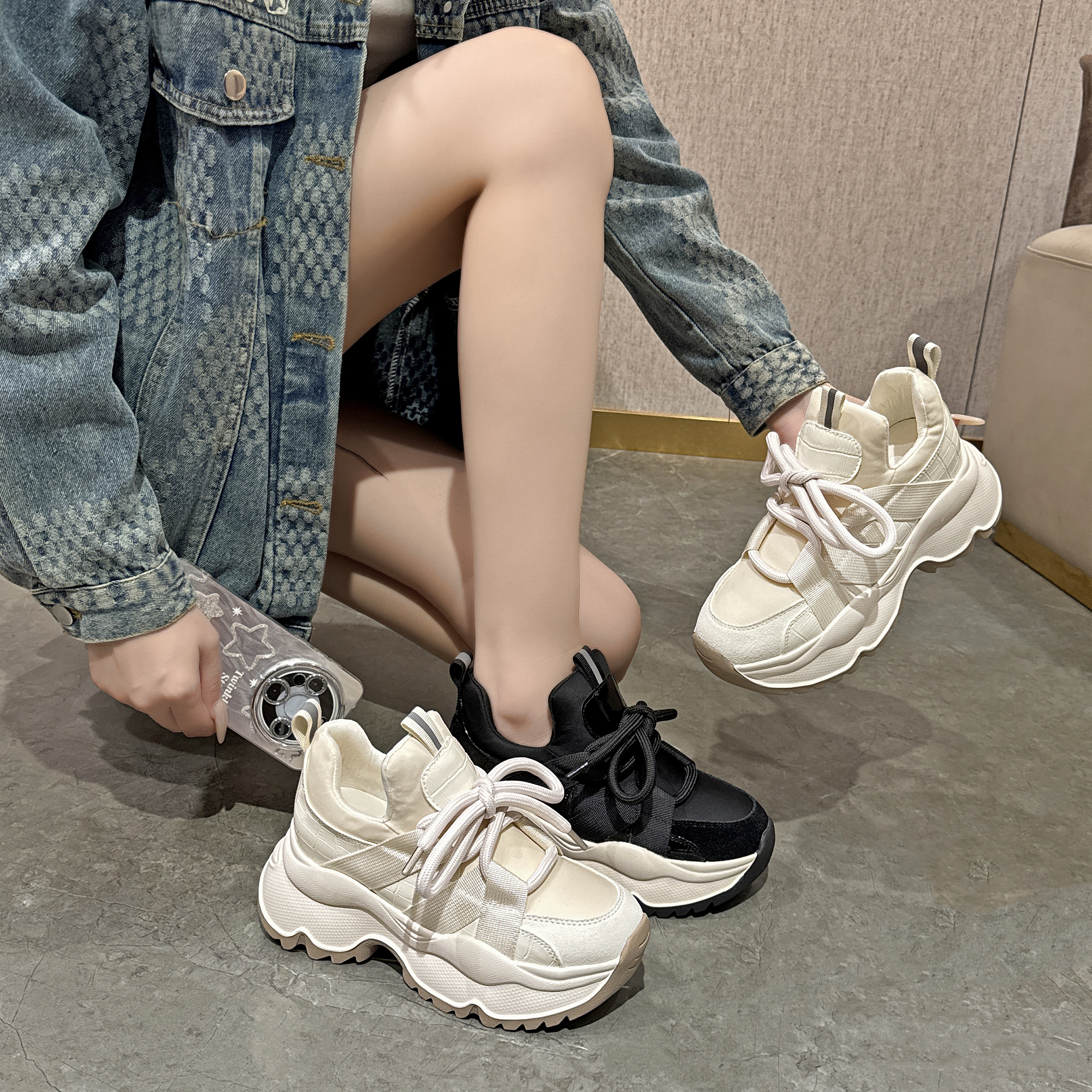2025新款女鞋时尚百搭真皮厚底休闲鞋松糕底系带运动老爹鞋50018
