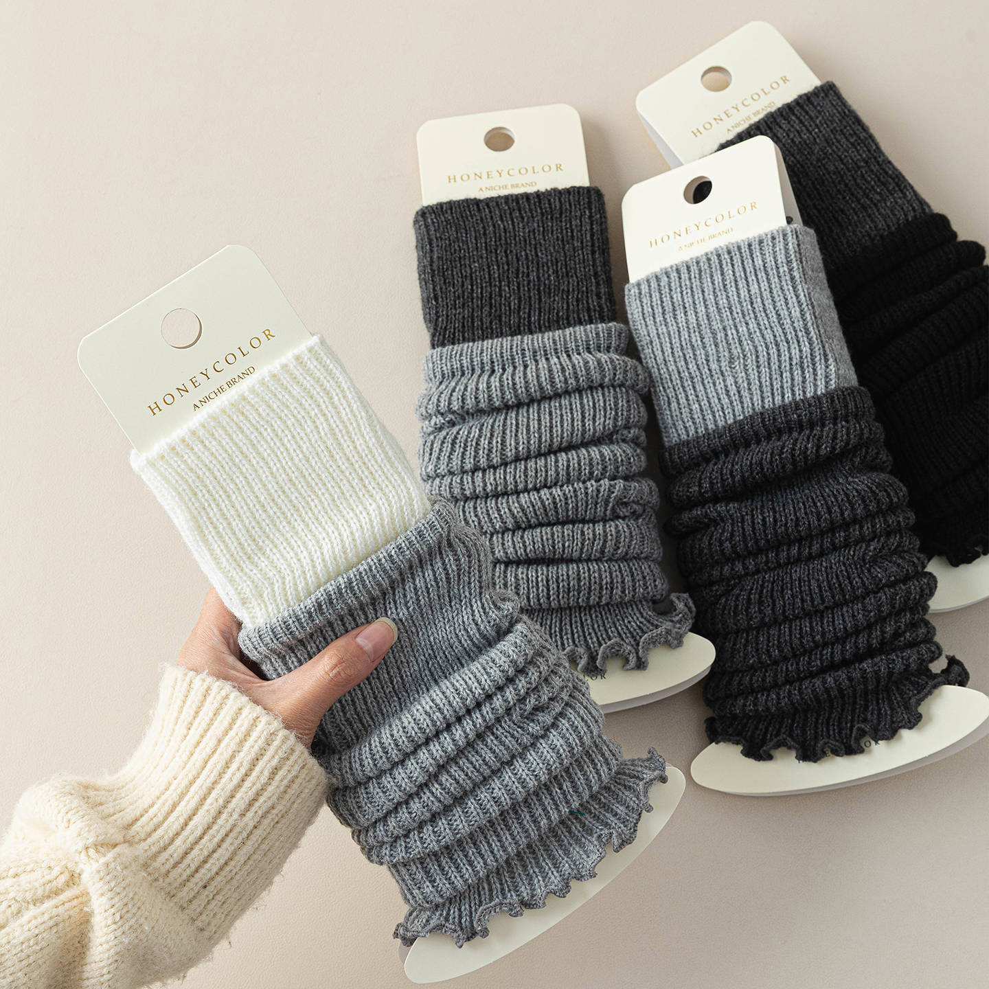 堆堆小腿袜/日系复古黑灰拼色长袜套女秋冬纯色粗线配小皮鞋腿