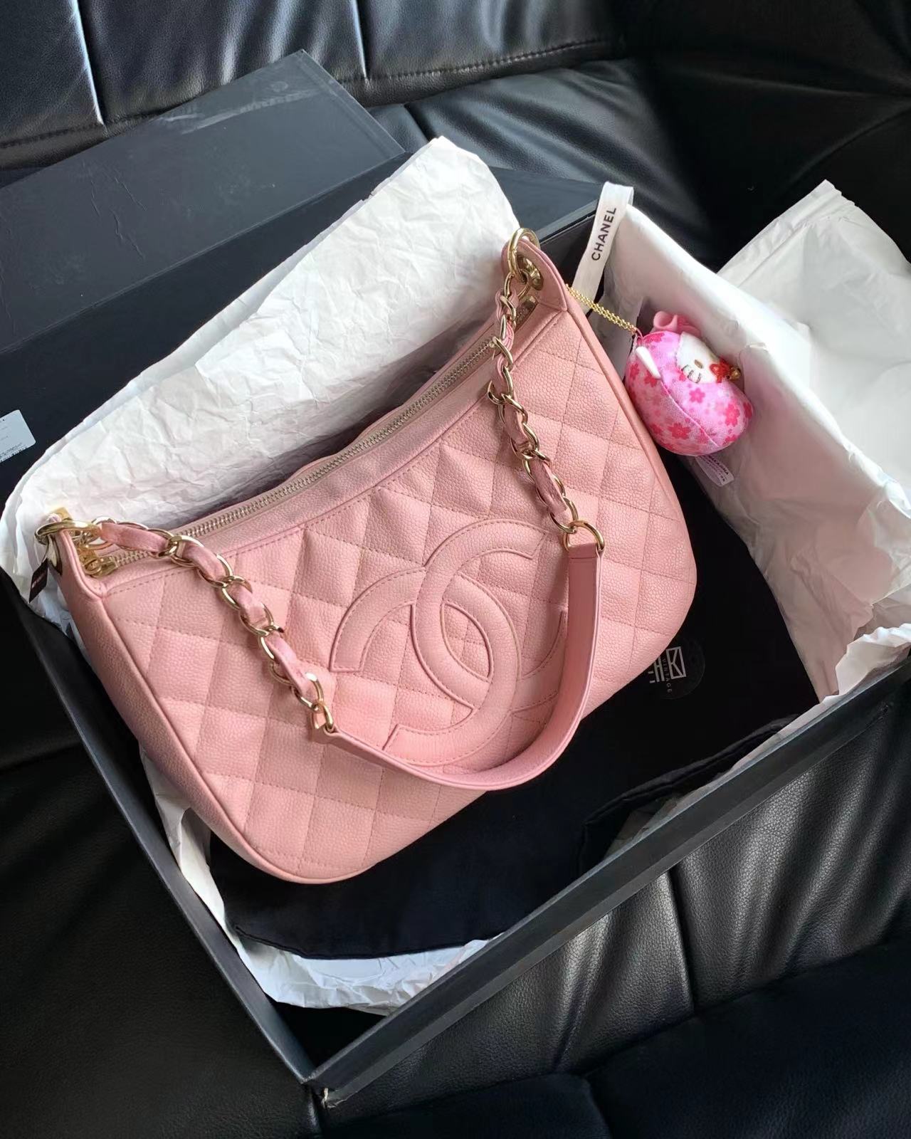 95新 Chanel/香奈儿 粉色荔枝皮hobo包 27cm 16576214