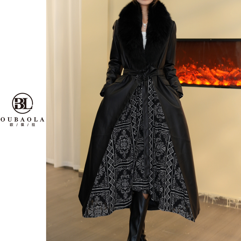 85105 气质丝巾款海宁真皮皮衣外套女士大衣绵羊皮风衣鹅绒服长款