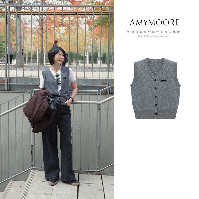  AMYMOORE艾莫尔女装冬季毛衣针织衫马甲背心羊毛开衫马夹780148