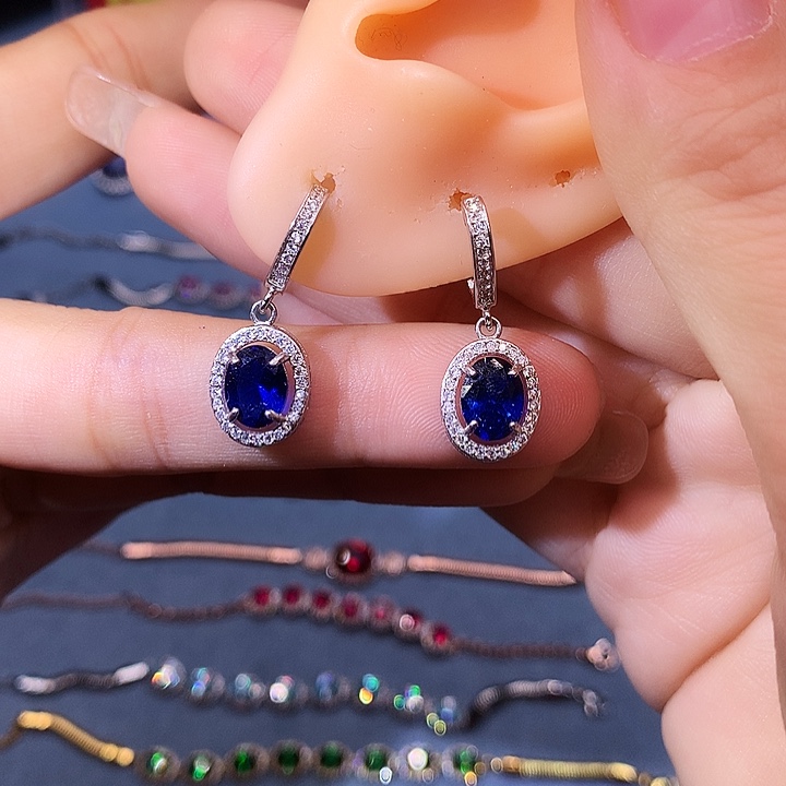 蓝宝石耳饰银S925镶嵌