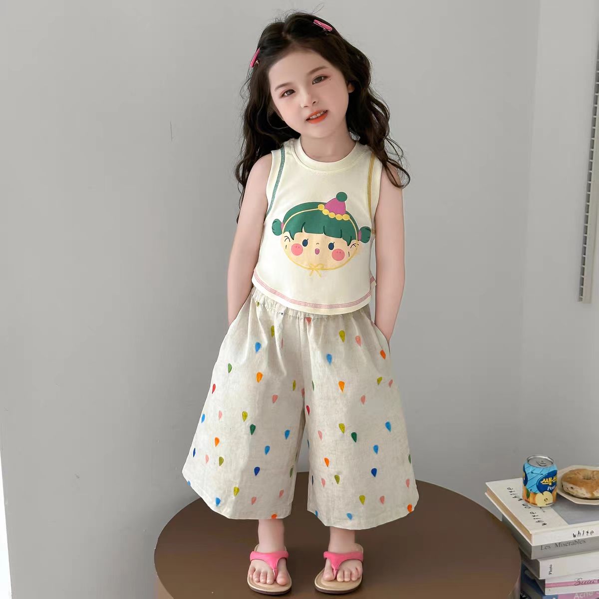 韩系女童套装2025夏季新款儿童卡通小女孩背心雨滴阔腿裤两件套