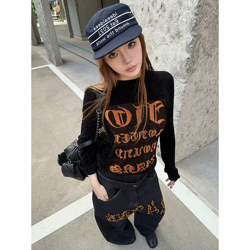 美式辣妹黑色针织打底衫女秋冬新款字母提花长袖t恤修身上衣