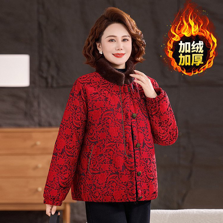 中国风毛领提花棉服女中老年妈妈装加绒加厚保暖宽松显瘦洋气外套