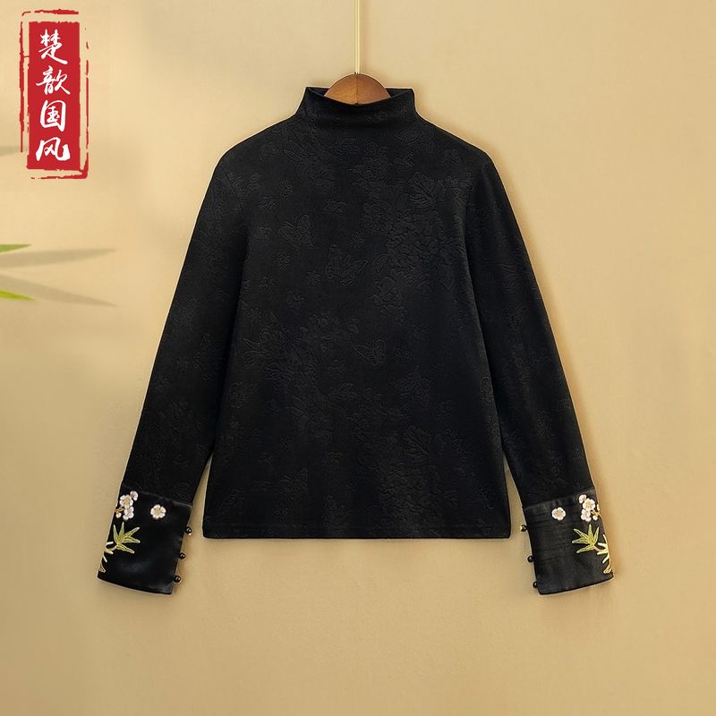 【茉辰】秋冬新款刺绣打底上衣新中式国风宽松高领长袖T恤衫女