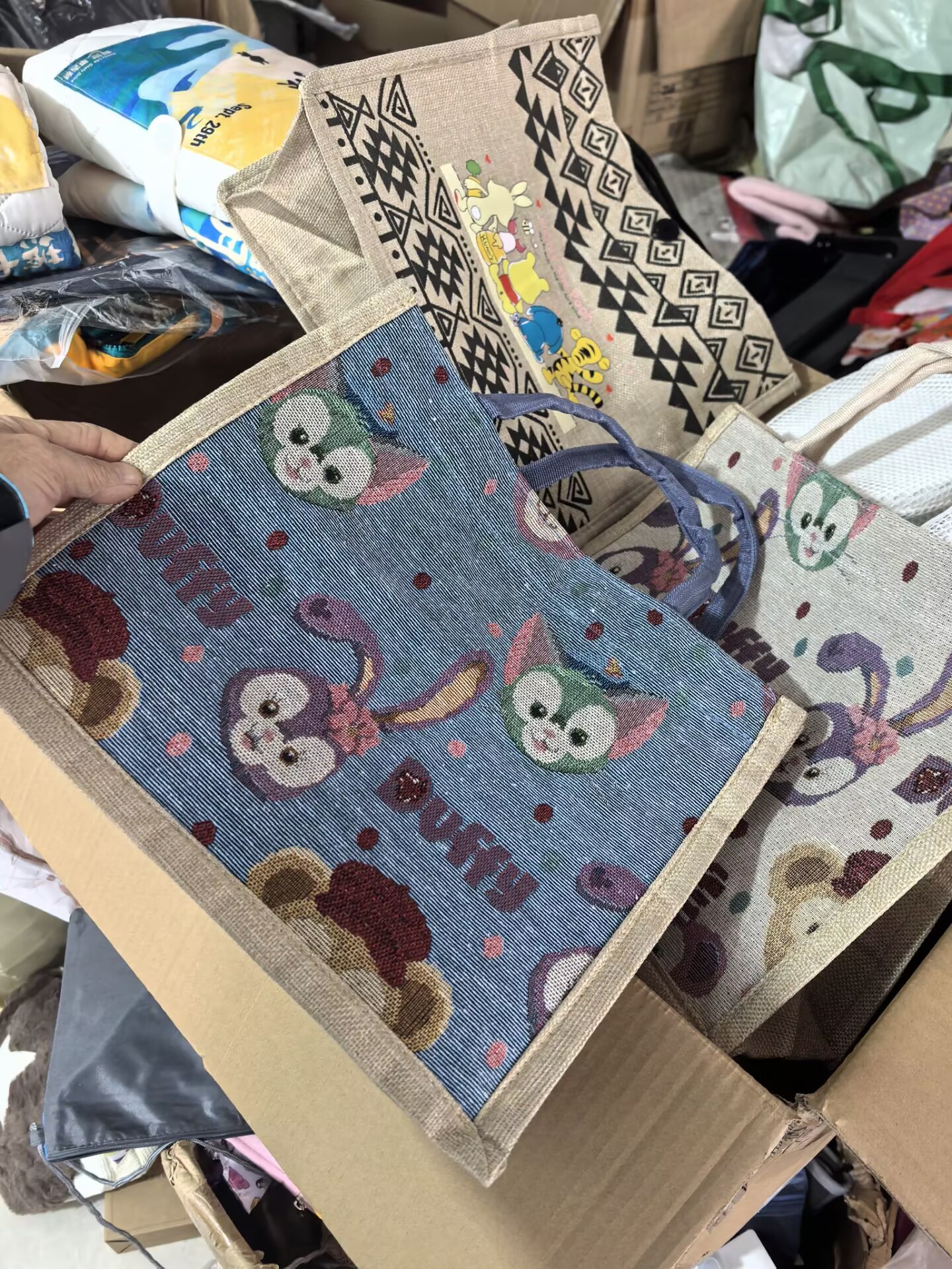 随机发2个不同色！棉麻卡通手提包