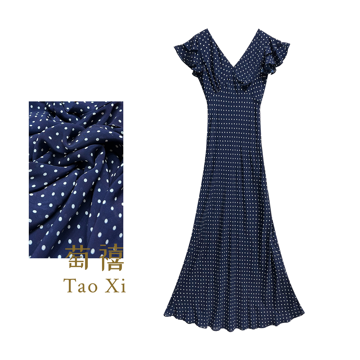【蒲公英】度假风深蓝色波点印花桑蚕丝飞飞袖连衣裙TX05QZ0332