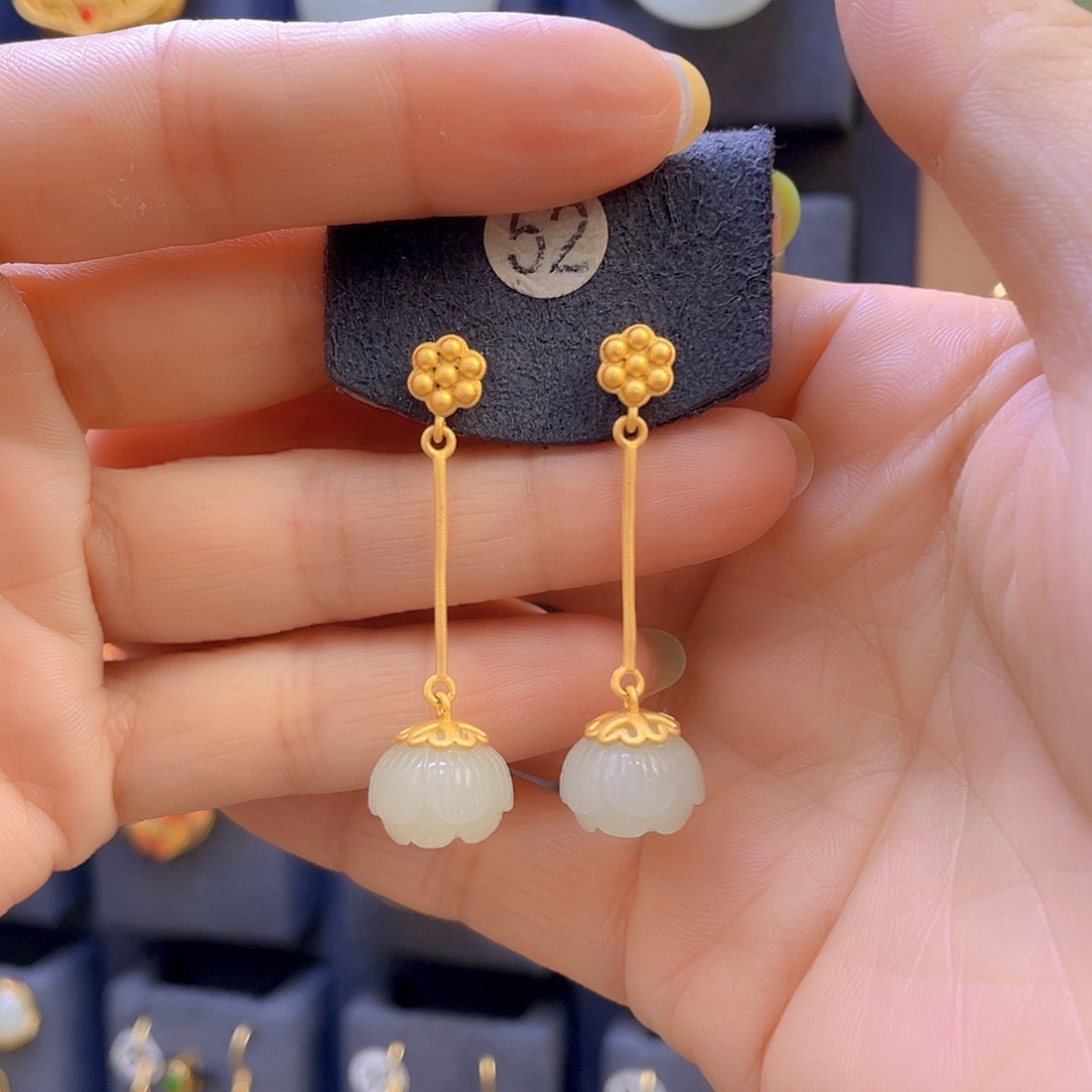 和田玉耳饰银S925镀金镶嵌