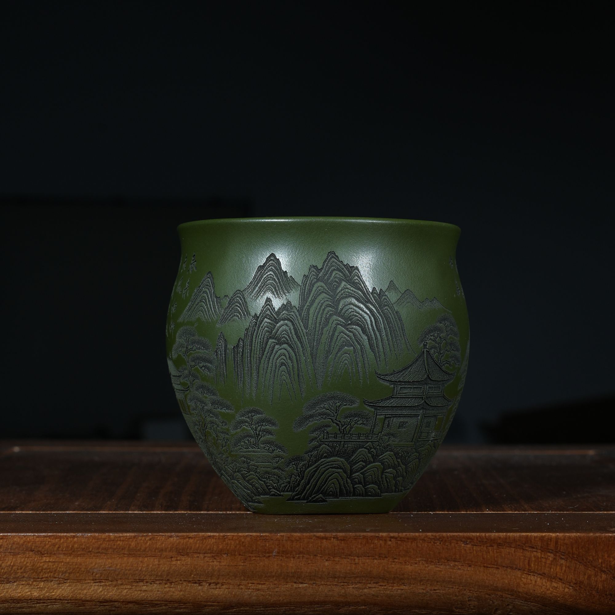 宜兴原矿绿泥刻绘山水紫砂手工主人杯紫砂杯容量150CC