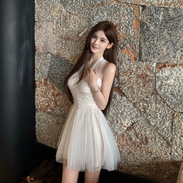 FAY【佳期如梦】夏季纯欲温柔挂脖绑带网纱蓬蓬温婉大方衣服连衣裙