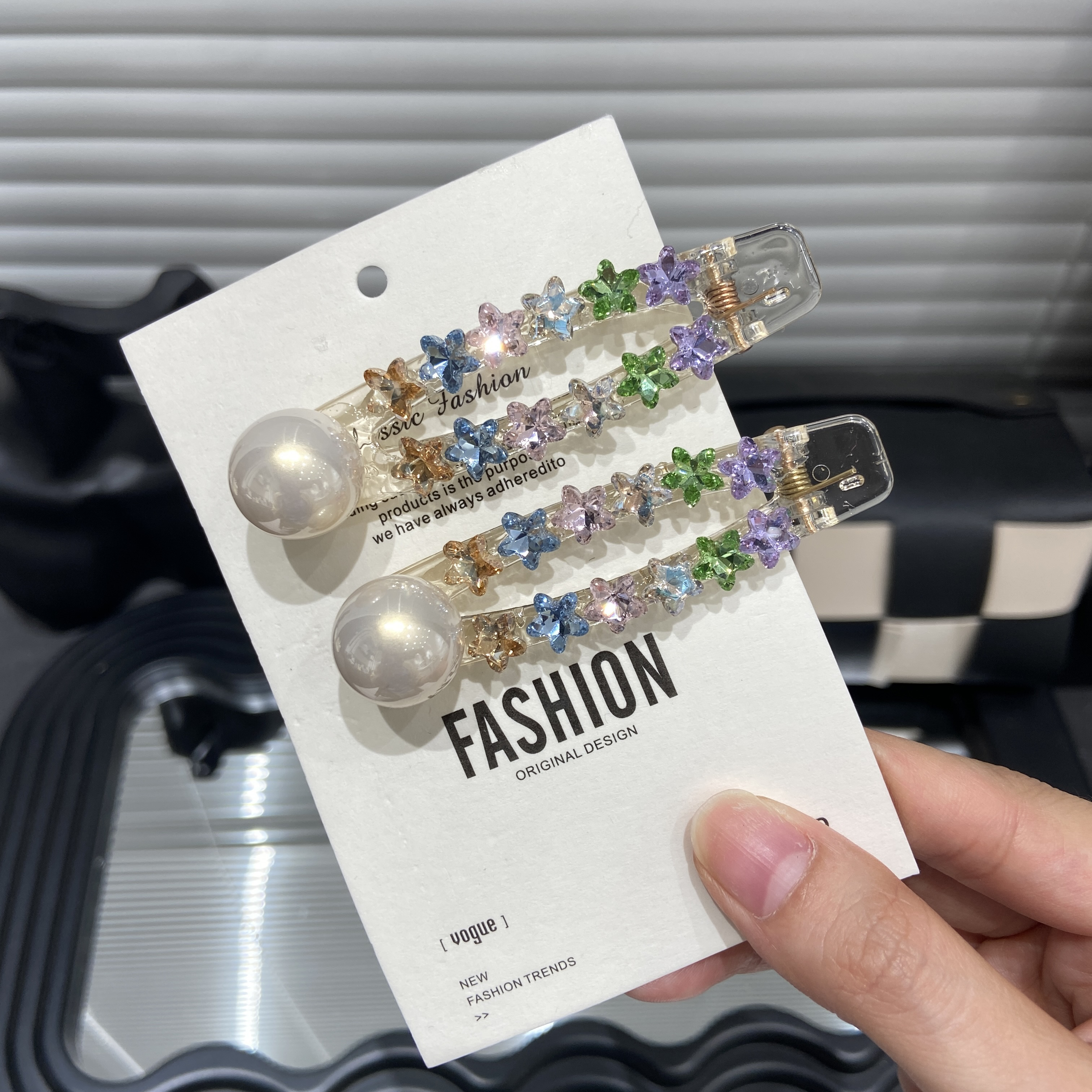 E4376 彩钻星星碎发刘海发夹一字边夹女侧边高级感前额发卡鸭