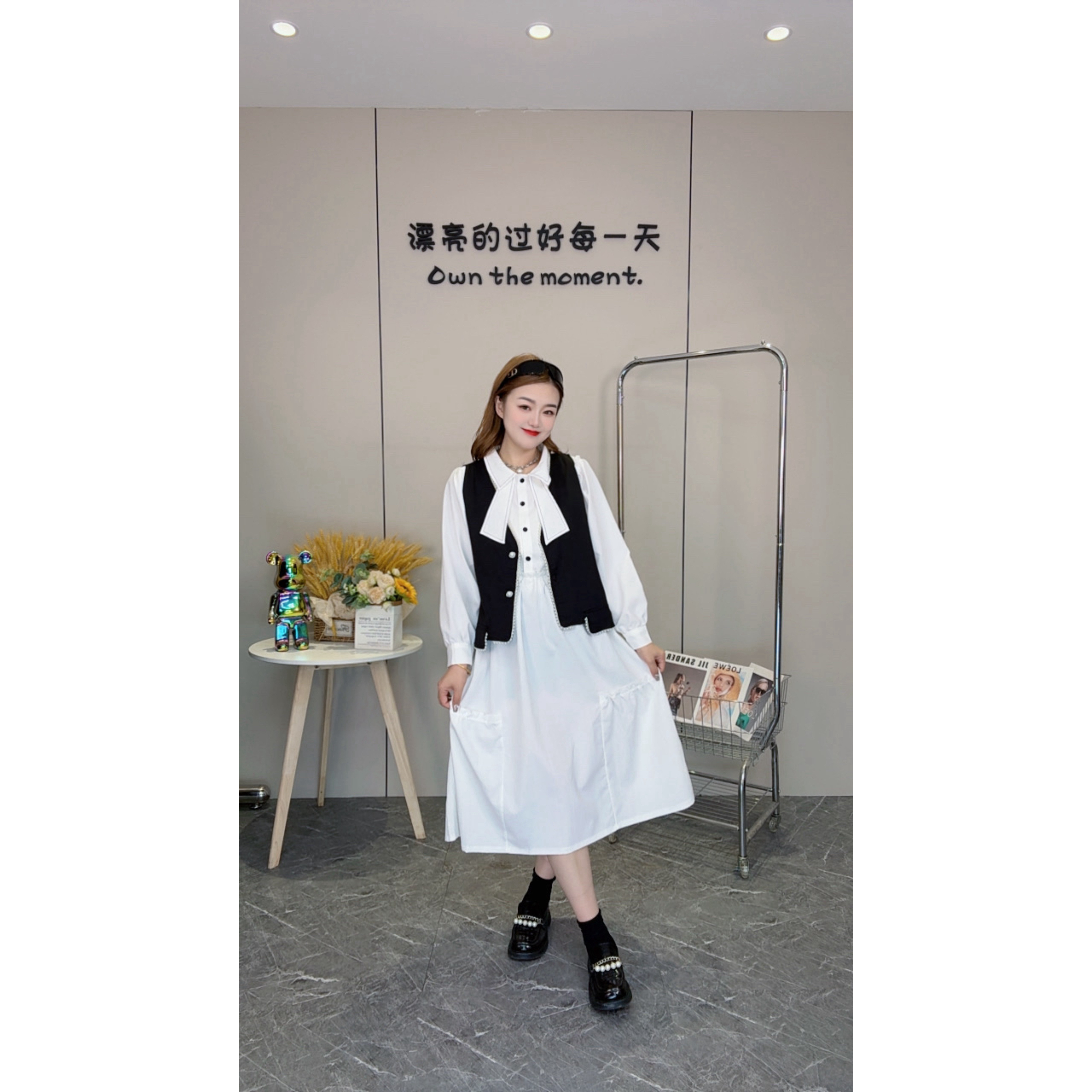 胖妹妹马甲翻领长袖连衣裙套装韩版大码女装秋季款显瘦两件套8081