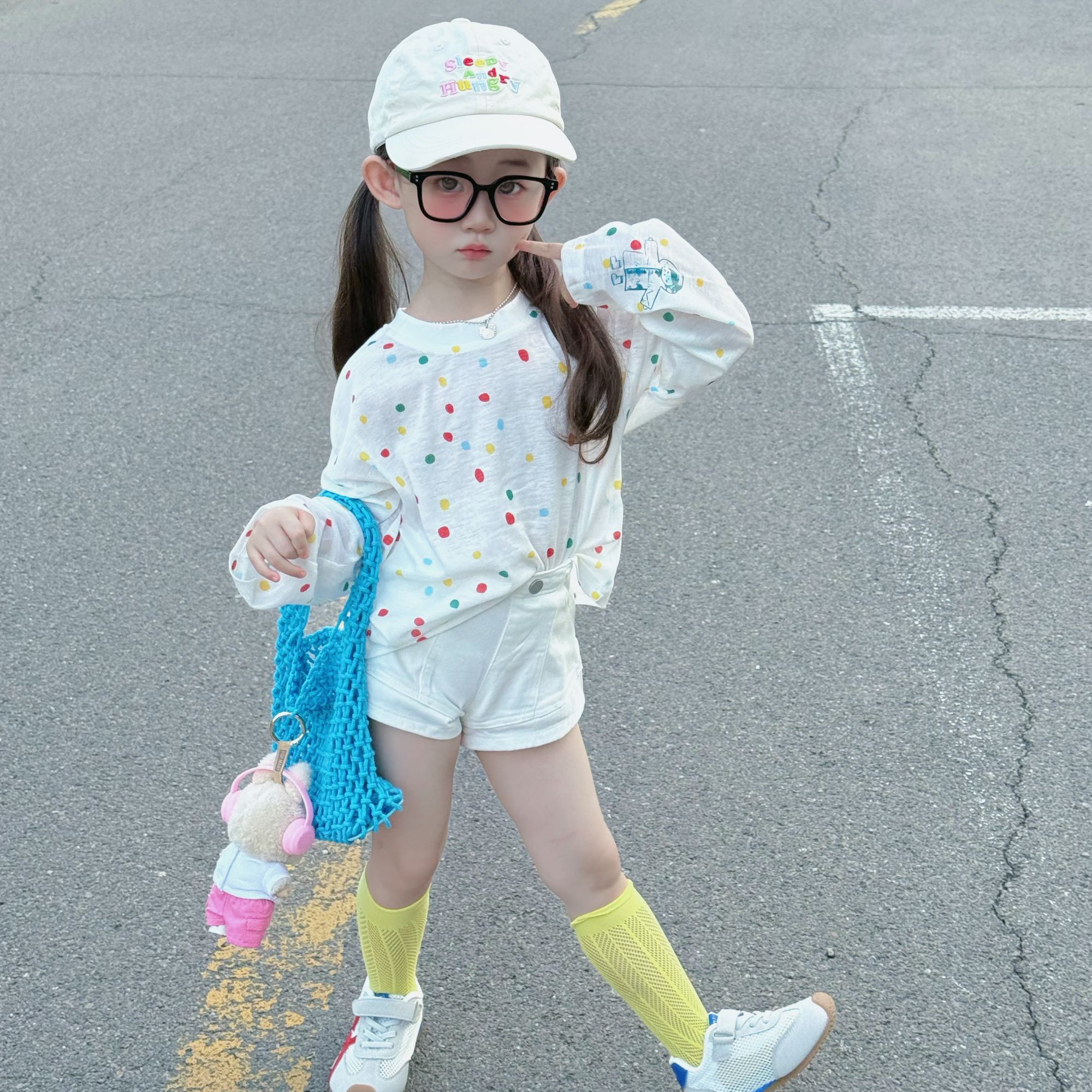 韩版童装女童夏装套装2025新款休闲彩色波点防晒罩衫上衣弹力短裤