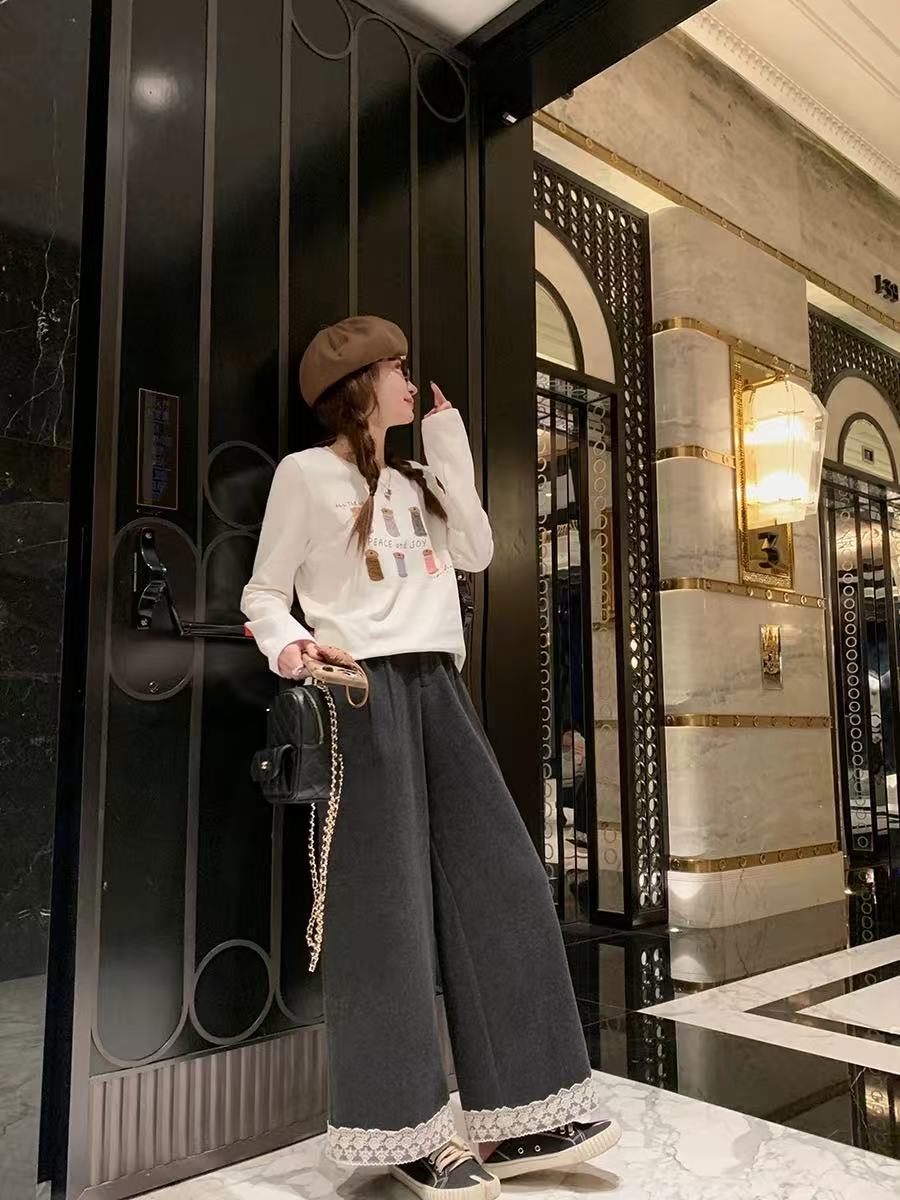 韩系设计感蕾丝拼接直筒阔腿裤