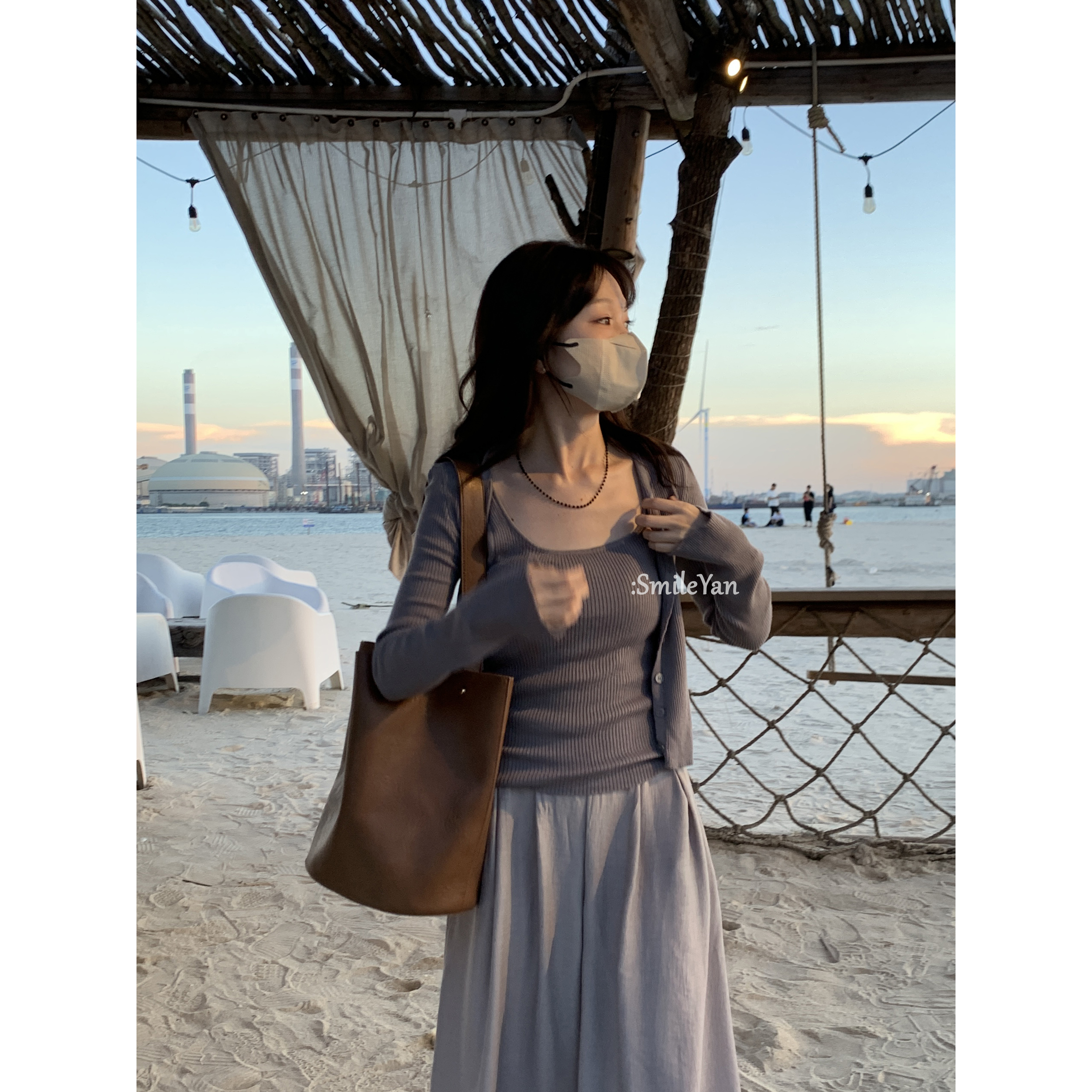  【SmileYan】（假日出游）清冷感针织开衫+吊带背心宽松休闲裤套装 