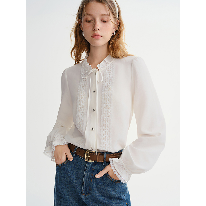 独束大码女装【茉莉物语】法式木耳边系带衬衫25DS84366